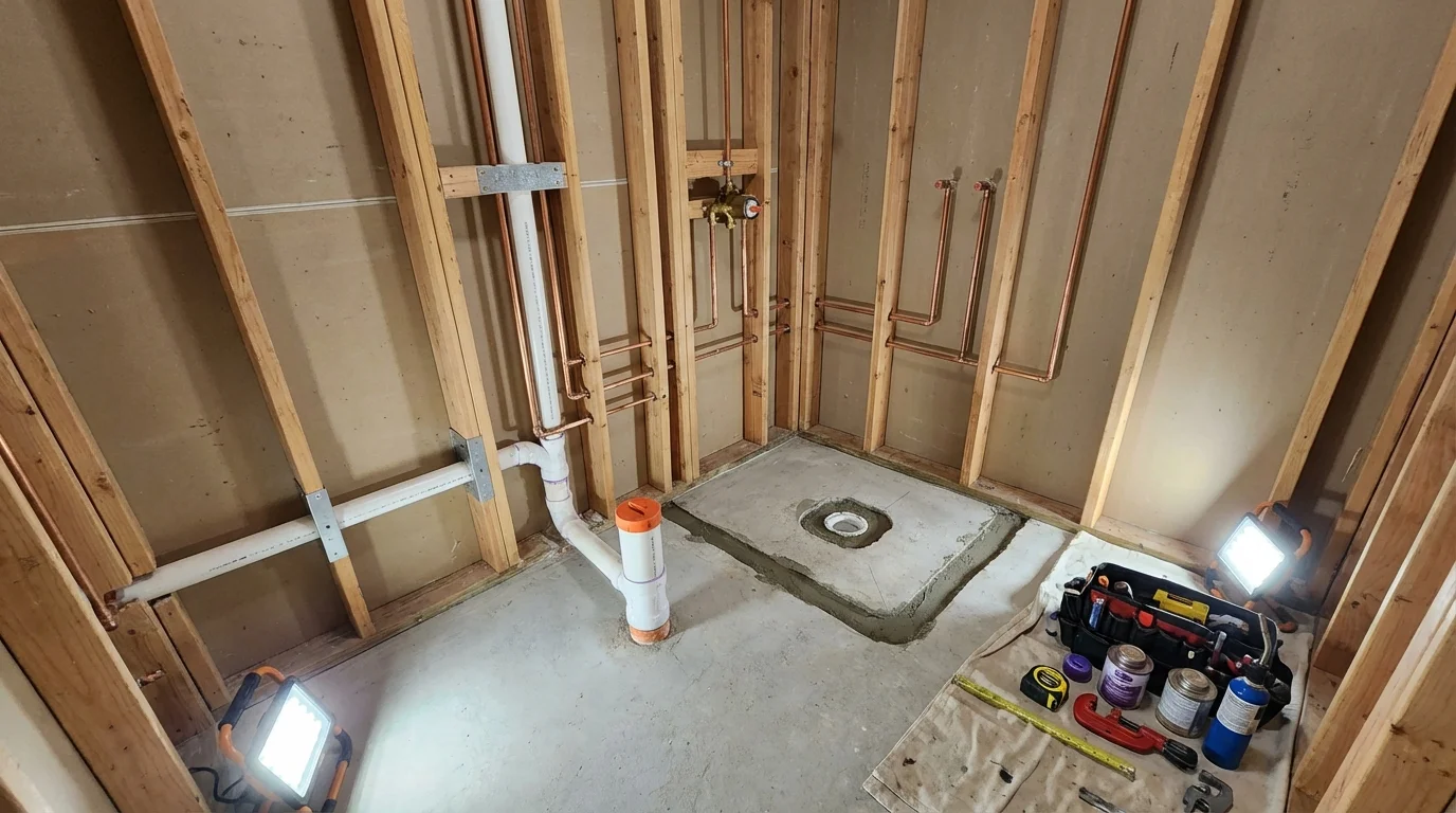 Bathroom rough-in plumbing during remodel by Johns Plumbing LLC in Whitestown