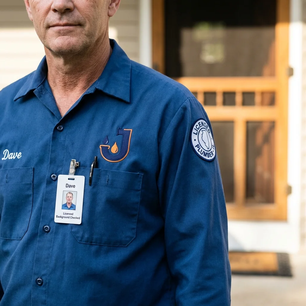 Licensed plumber showing ID badge in Whitestown, IN