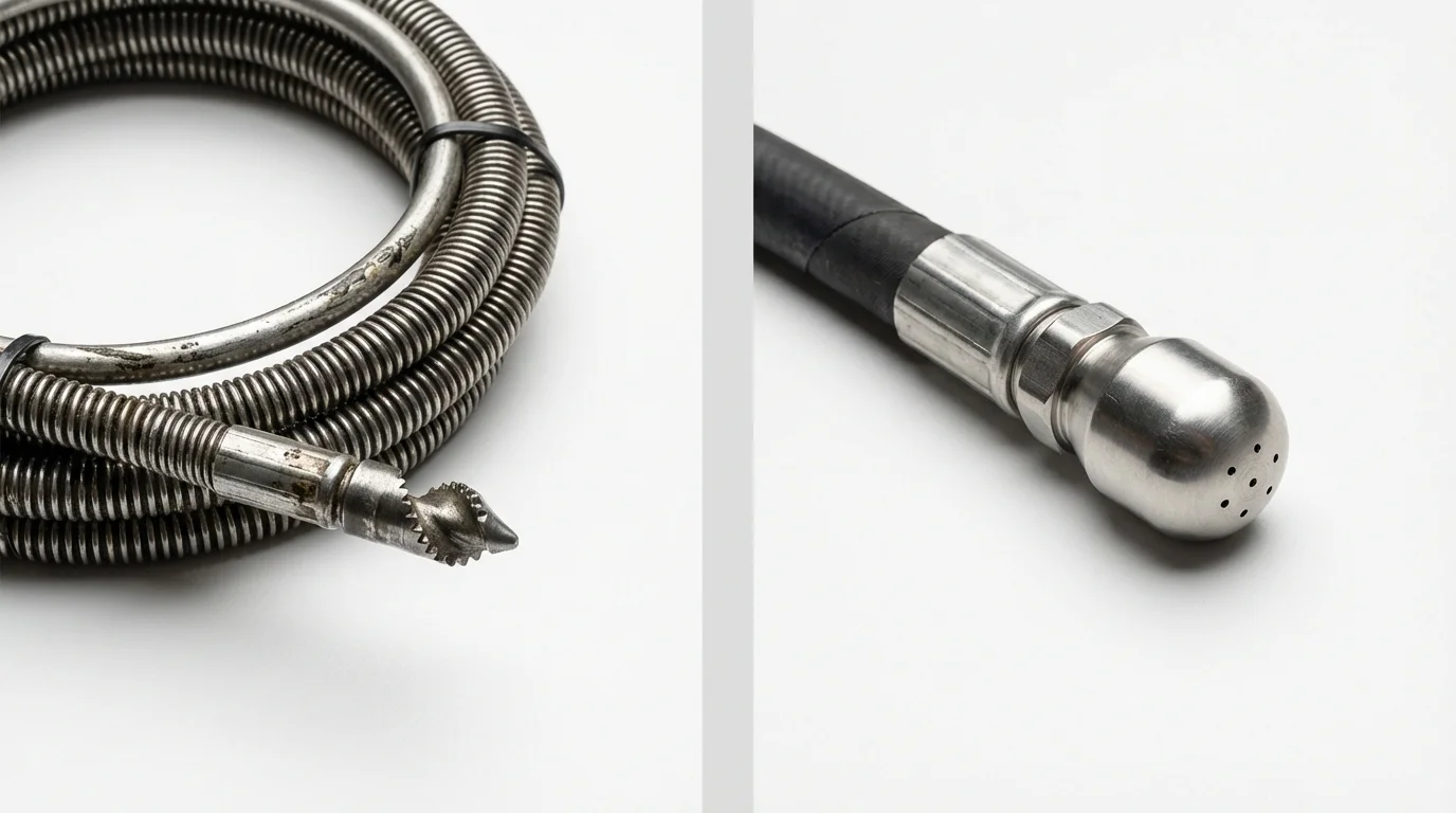 Drain snake cable and hydro jetting nozzle used for drain cleaning in Whitestown, IN