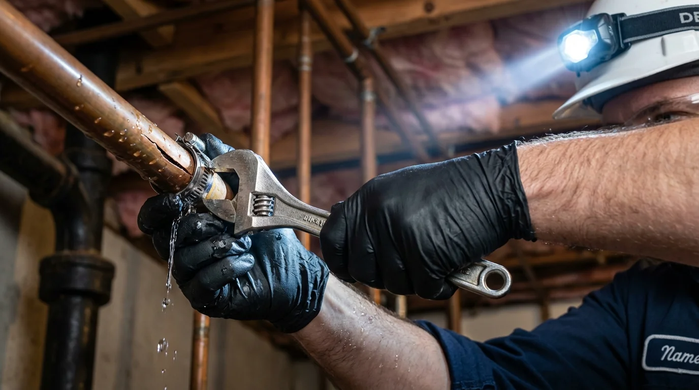 Emergency pipe clamp repair being performed by a Johns Plumbing LLC plumber in Whitestown