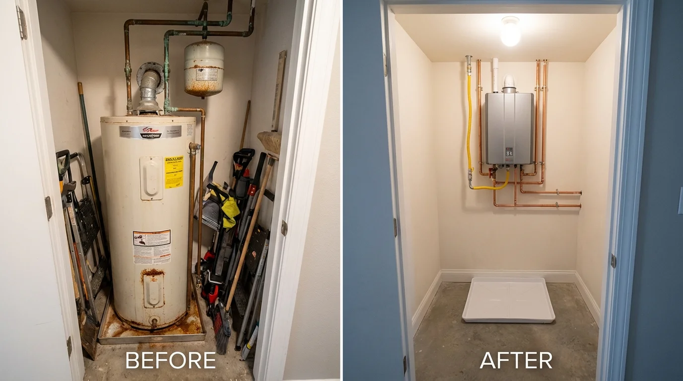 Tank water heater versus wall-mounted tankless unit comparison for Whitestown, IN homeowners