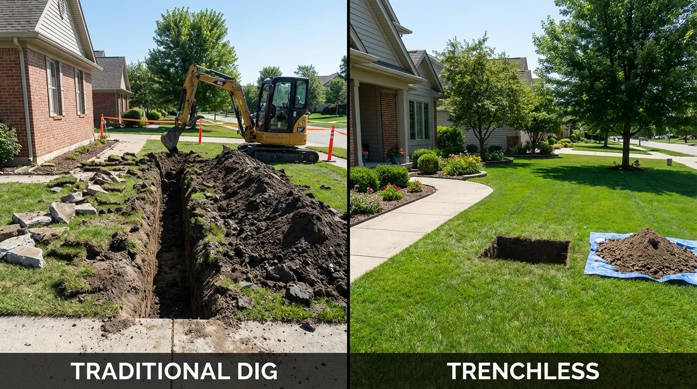 Trenchless sewer repair with minimal yard damage versus traditional excavation in Whitestown, IN