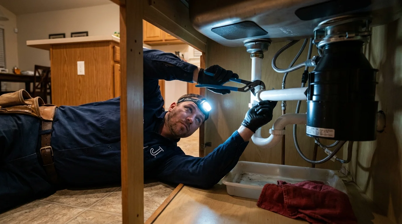 P-trap and supply line connections under a kitchen sink showing a common leak point in Whitestown, IN